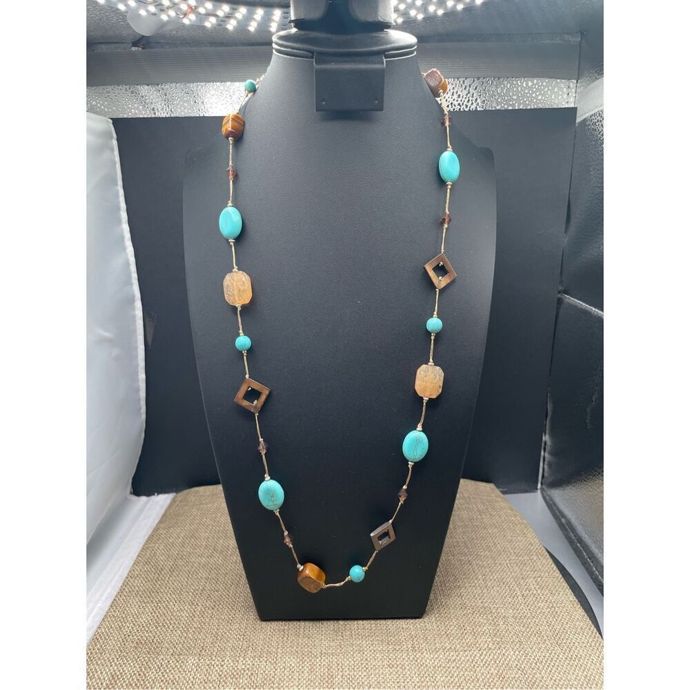 Vintage Tigers Eye Gem Beaded Turquoise MOP crystal Necklace Beaded Necklace 30”